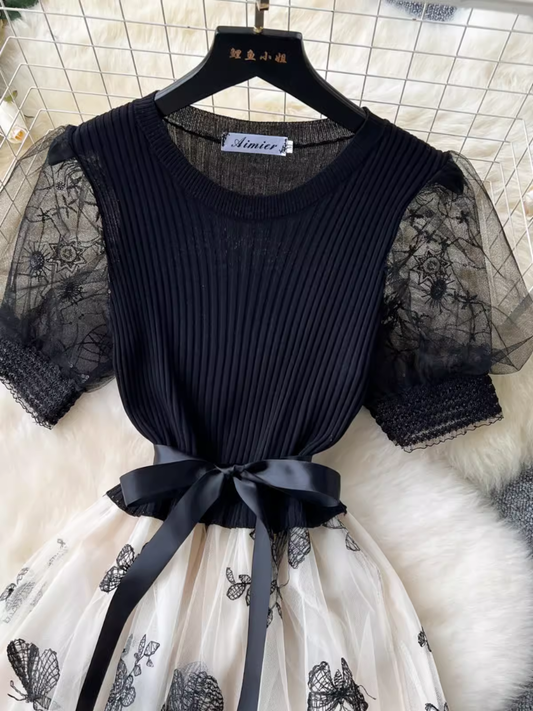 Retro Elegant Dress Women Knitted Splicing Embroidery Butterfly Mesh Fluffy Fairy Long Dress YM1461