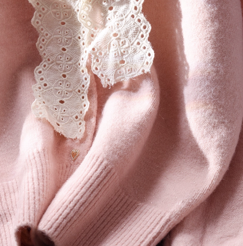 Pink Lace Cropped Pullover Sweater Sweet Bow Long Sleeve Knit Top YM2368