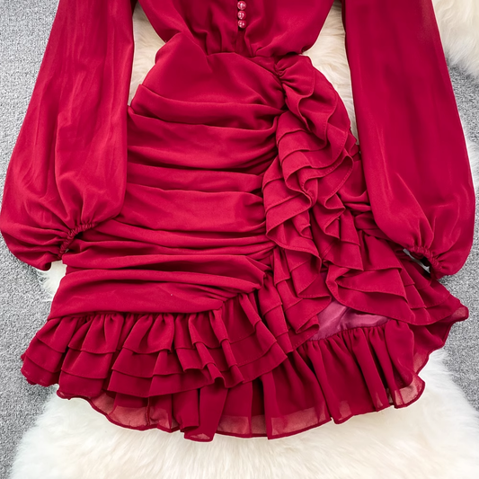 V Neck Irregular Ruffles Dress ,YM223