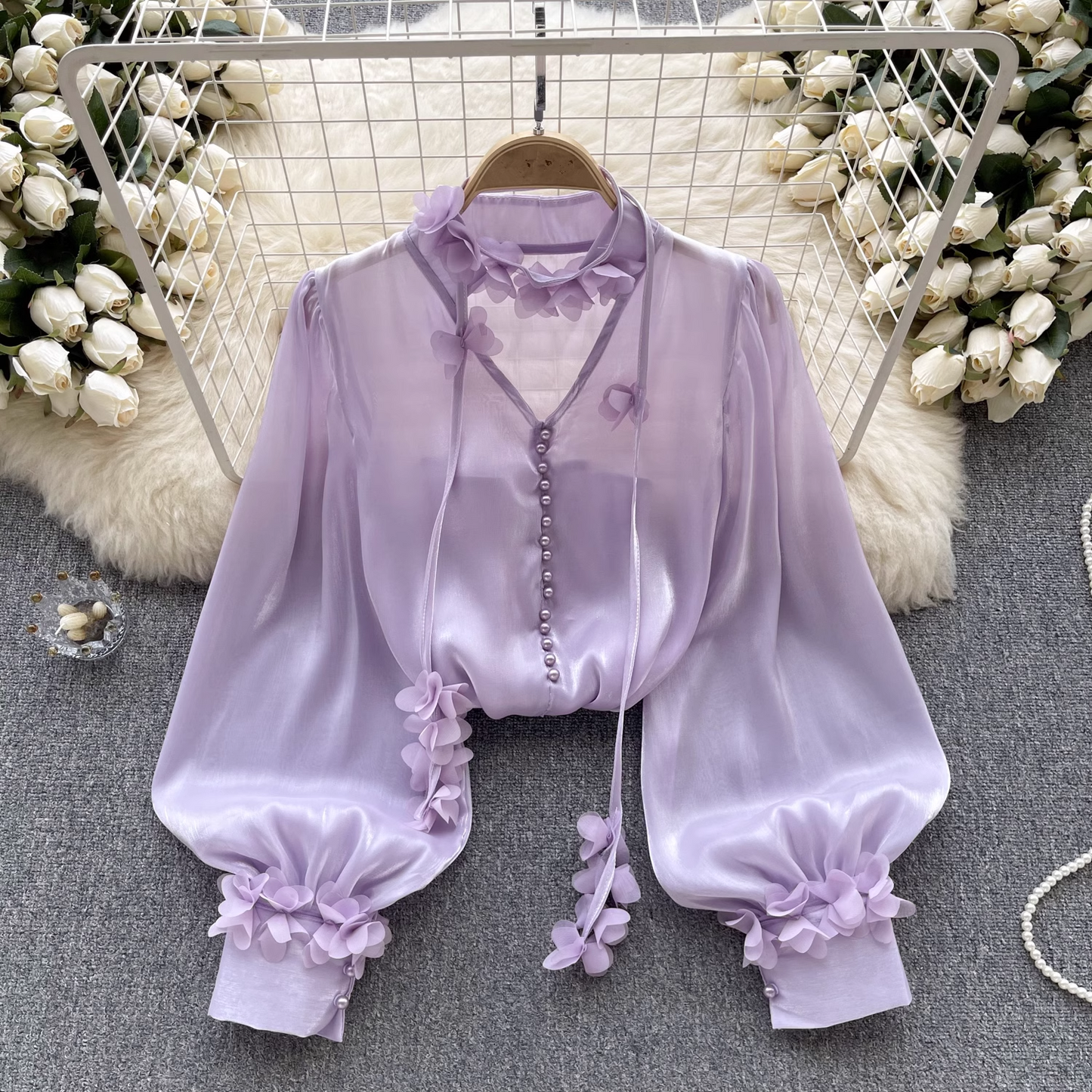 Women's mesh shirt autumn ribbon long sleeve blouses YM510