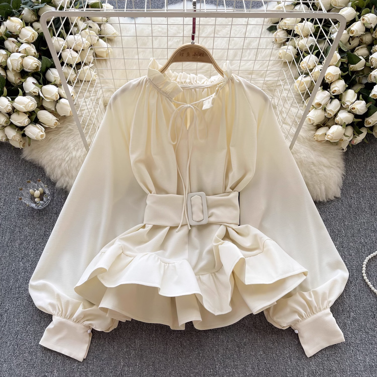 Women's Retro Court Style Waist Belt Ruffle Hem Blouses YM317