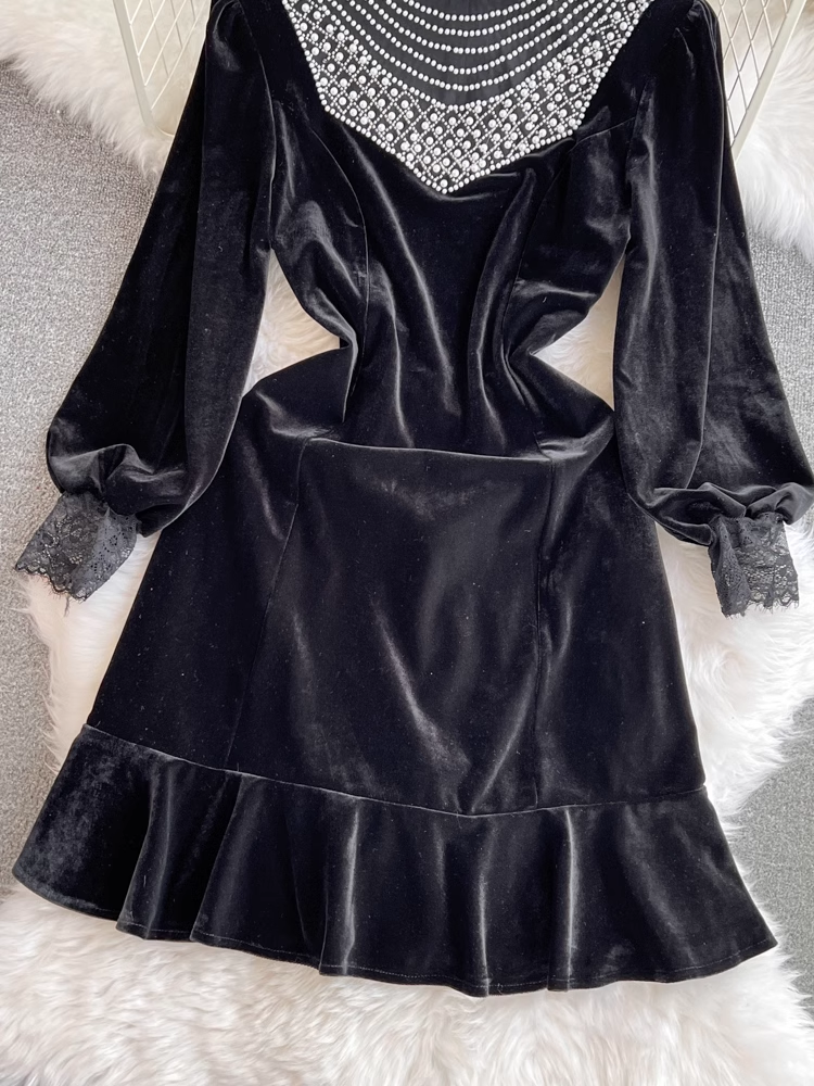 Long-sleeve stand-collar beaded panel ruffled velvet dress YM1016
