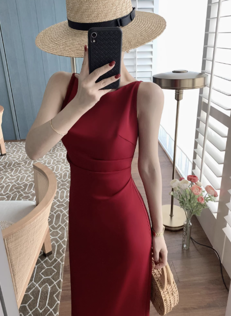 Retro one shoulder dress sleeveless suspender long party birthday dress YM1942