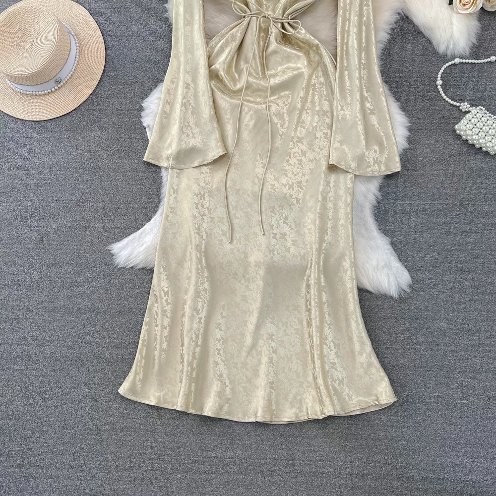 Flared long-sleeve V-neck mid-length a-line dress YM986