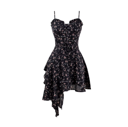 Black Irregular Floral Suspender Dress Hot Girl Short Dress YM2309