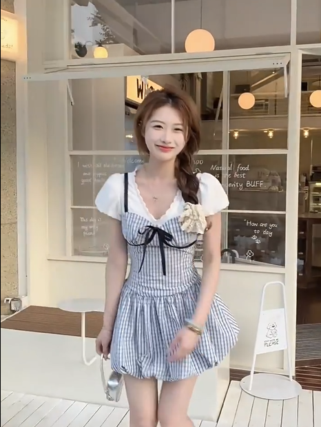 Sweet Blue Bowknot Fake Two-Piece V-Neck Vacation Dress A-Line Short Dress YM2161