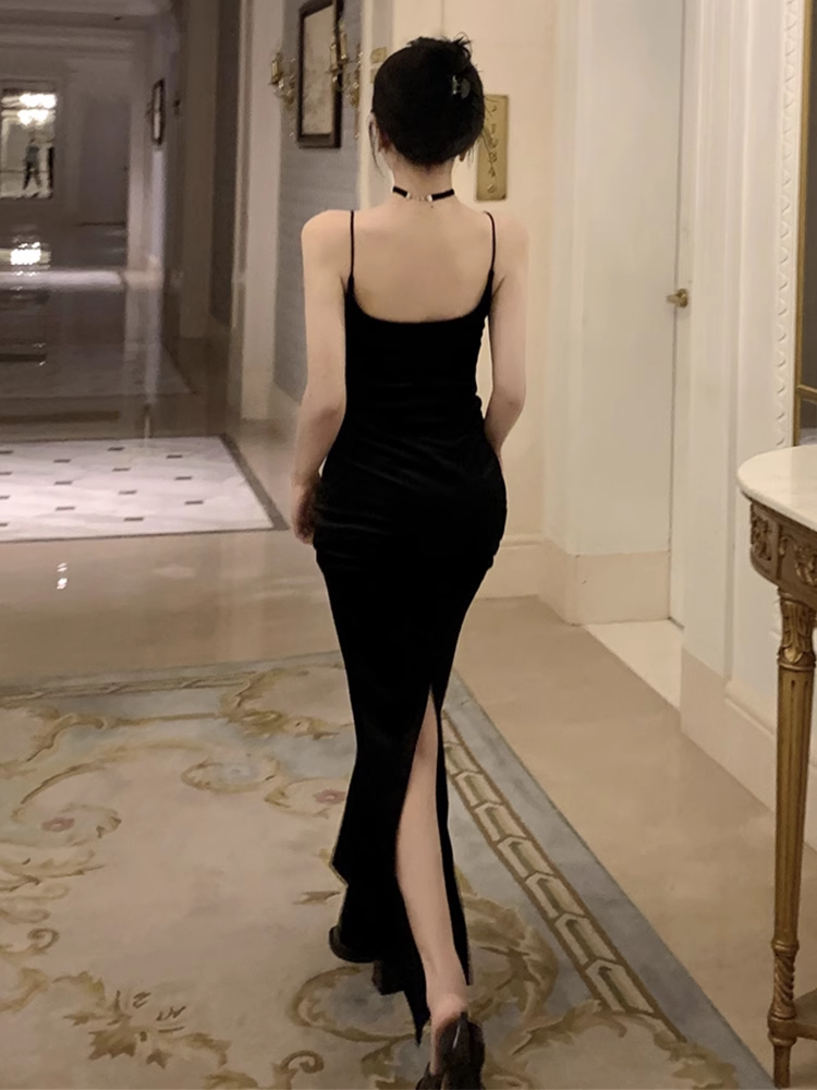 Black Straps Velvet Dress YM973