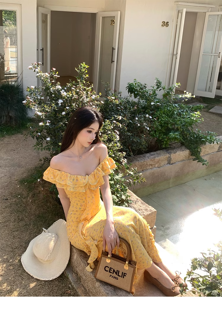 Pretty Off The Shoulder Chiffon Floral Ruffles Party Dress,Yellow Prom Dress YM1987