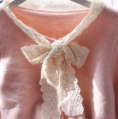 Pink Lace Cropped Pullover Sweater Sweet Bow Long Sleeve Knit Top YM2368