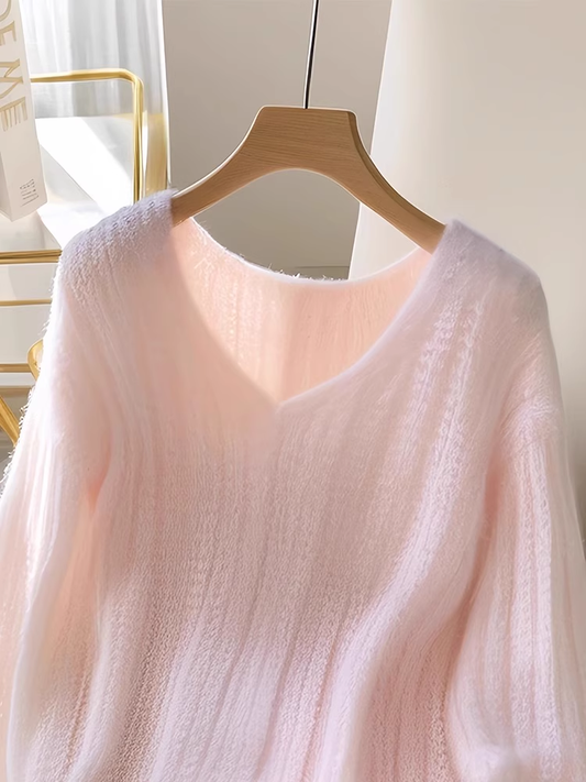 Pink V-neck loose knit sweater for women new style YM1895