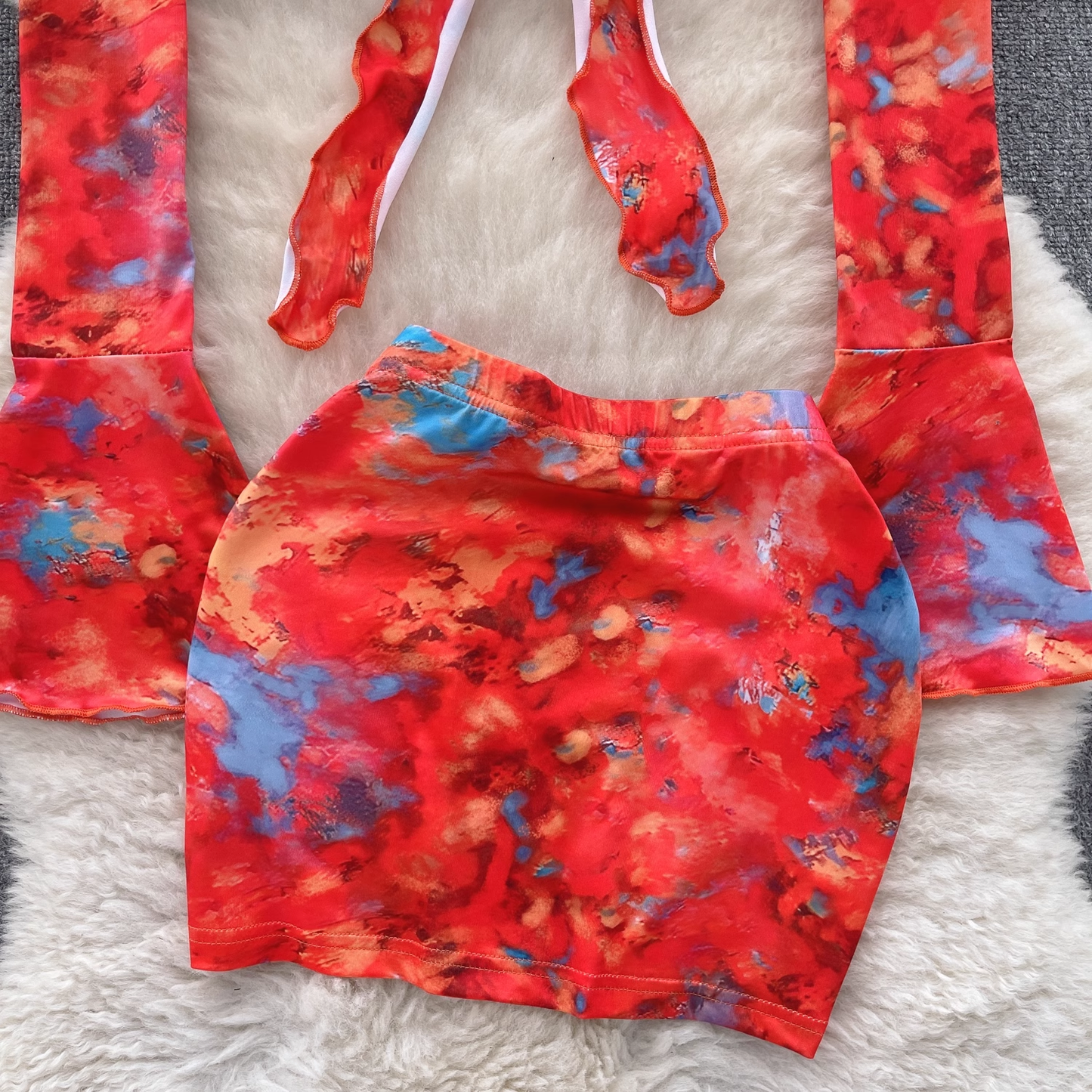 Floral trumpet sleeve top women's short section navel bag hip skirt two-piece suit summer YM400