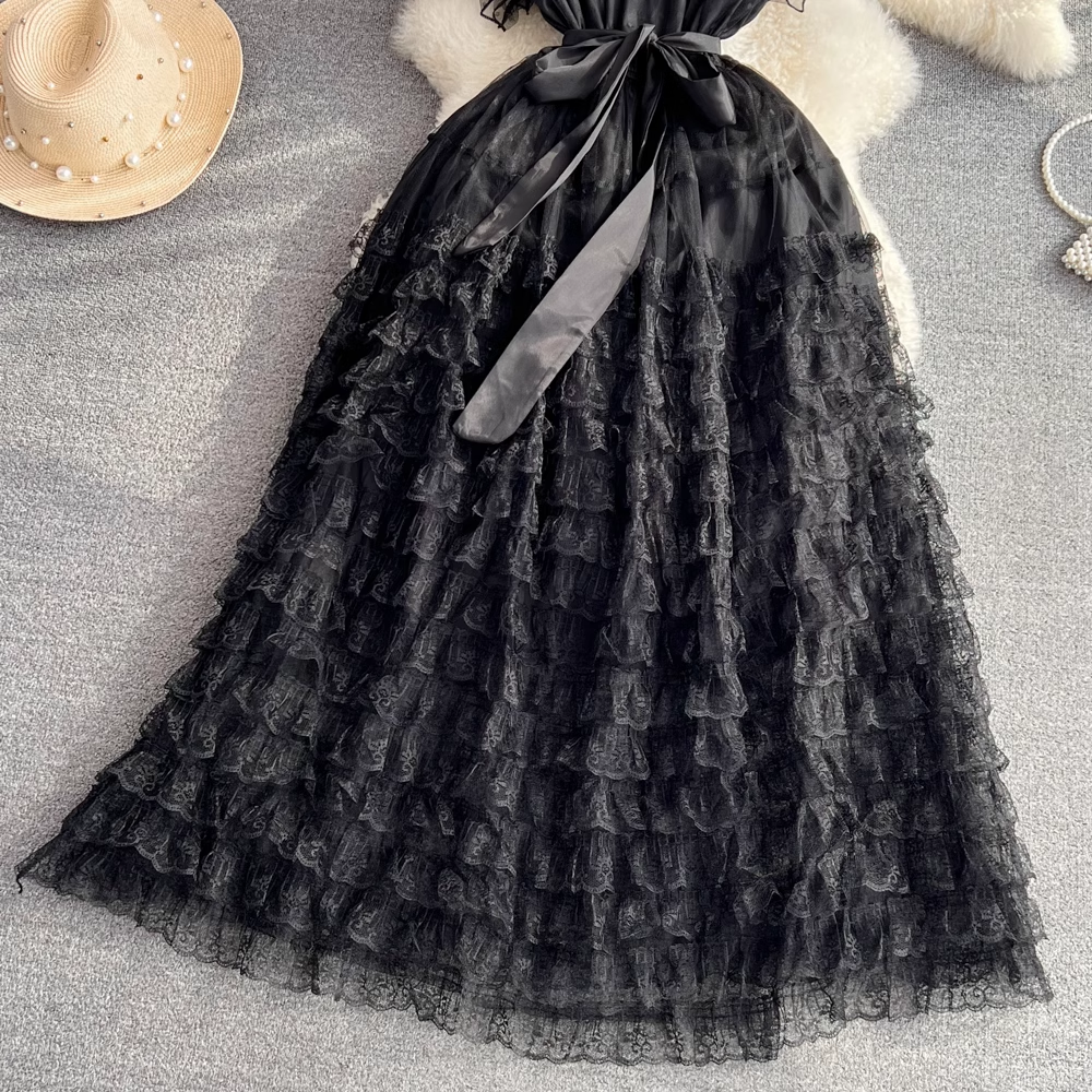 Short-sleeved round neck a-line mesh dress, YM274