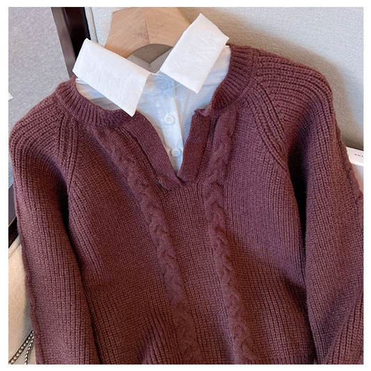 Brown Fake Two-piece Design Sweater Autumn Slim All-match Casual Top YM2299