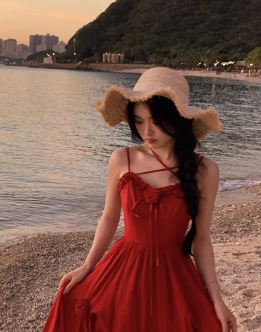 Romantic Rose Red Lace-up Straps A Line Birthday Party Dress,Prom Dress YM2045