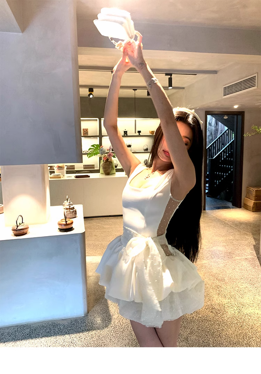 White Polka Dot Party Dress Double Layer Princess Straps Birthday Dress YM2009