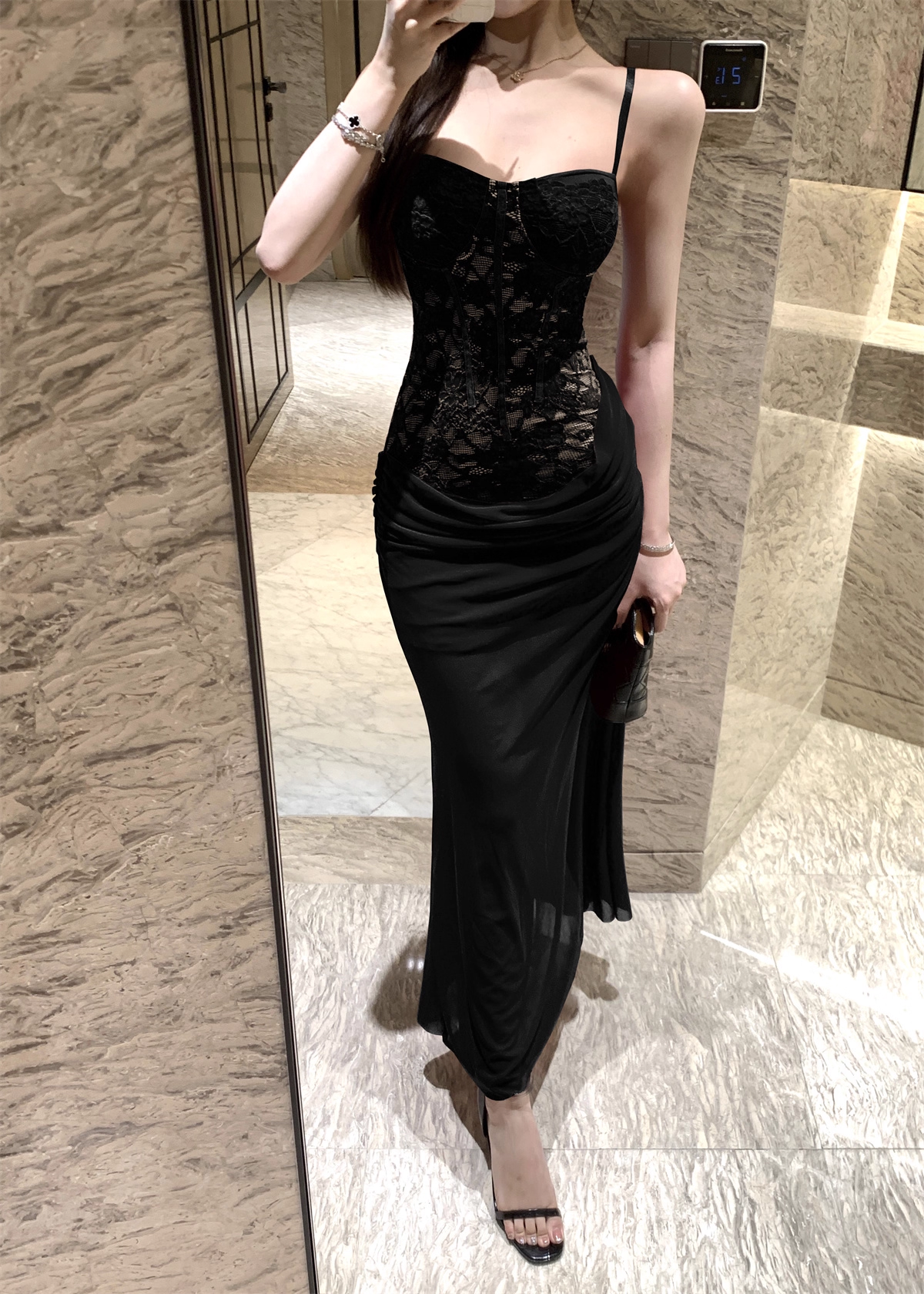 Sexy Black Lace Straps Long Party Dress Birthday Dress YM2172