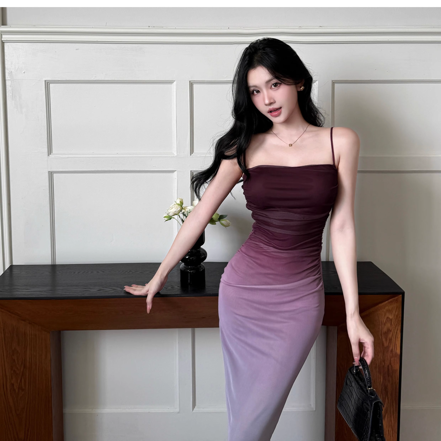 Pretty Ombre Purple Spaghetti Straps Sheath Long Party Dress Holiday Dress YM2242