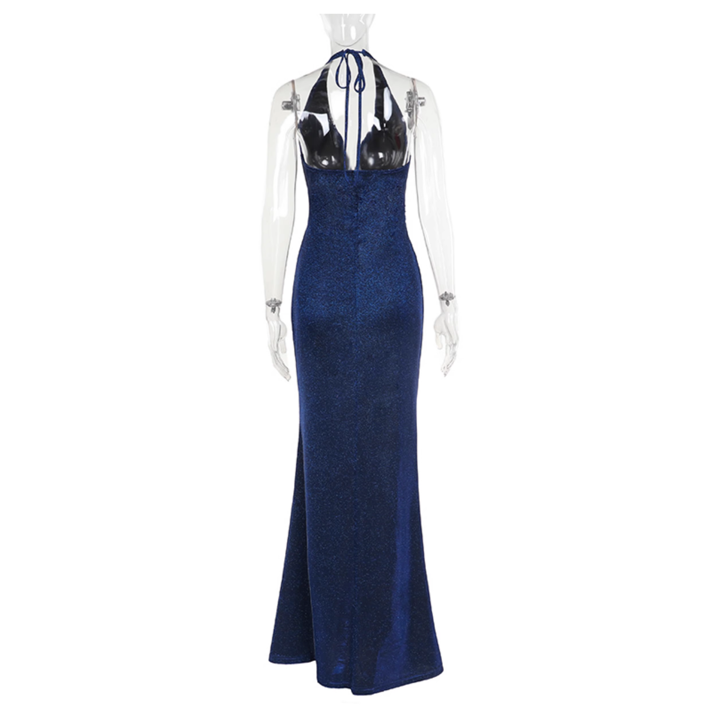 Sexy Halter V Neck Blue High Slit Birthday Party Dress Long Vacation Dress YM2214