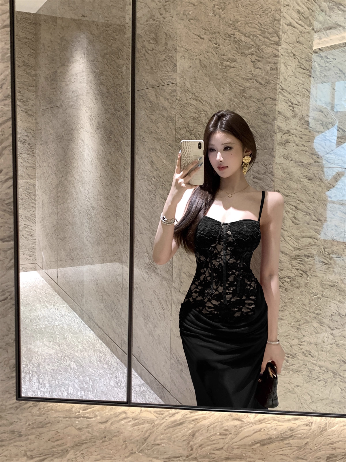 Sexy Black Lace Straps Long Party Dress Birthday Dress YM2172