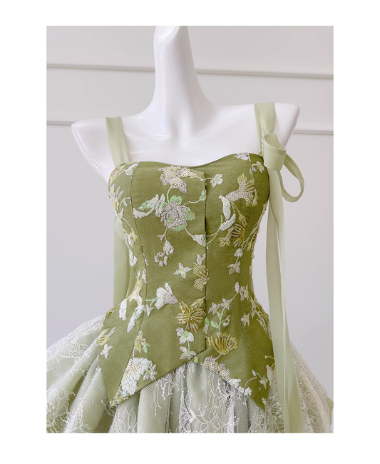 Green Spaghetti Straps Lace Satin Hoco Dress Temperament Birthday Dress YM2118