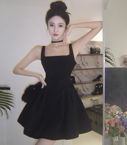 Simple Black Square Neck A Line Holiday Dress Mini Party Dress YM2128