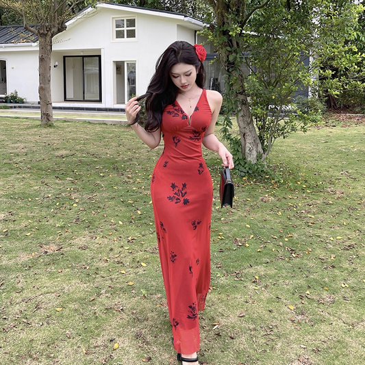 Sexy V Neck Red Print Floral Long Birthday Dress Vacation Dress YM2203