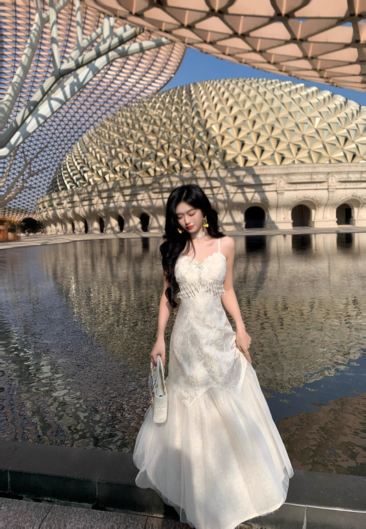 Elegant Spaghetti Straps Jacquard Prom Dress Tulle Satin Party Dress YM2052