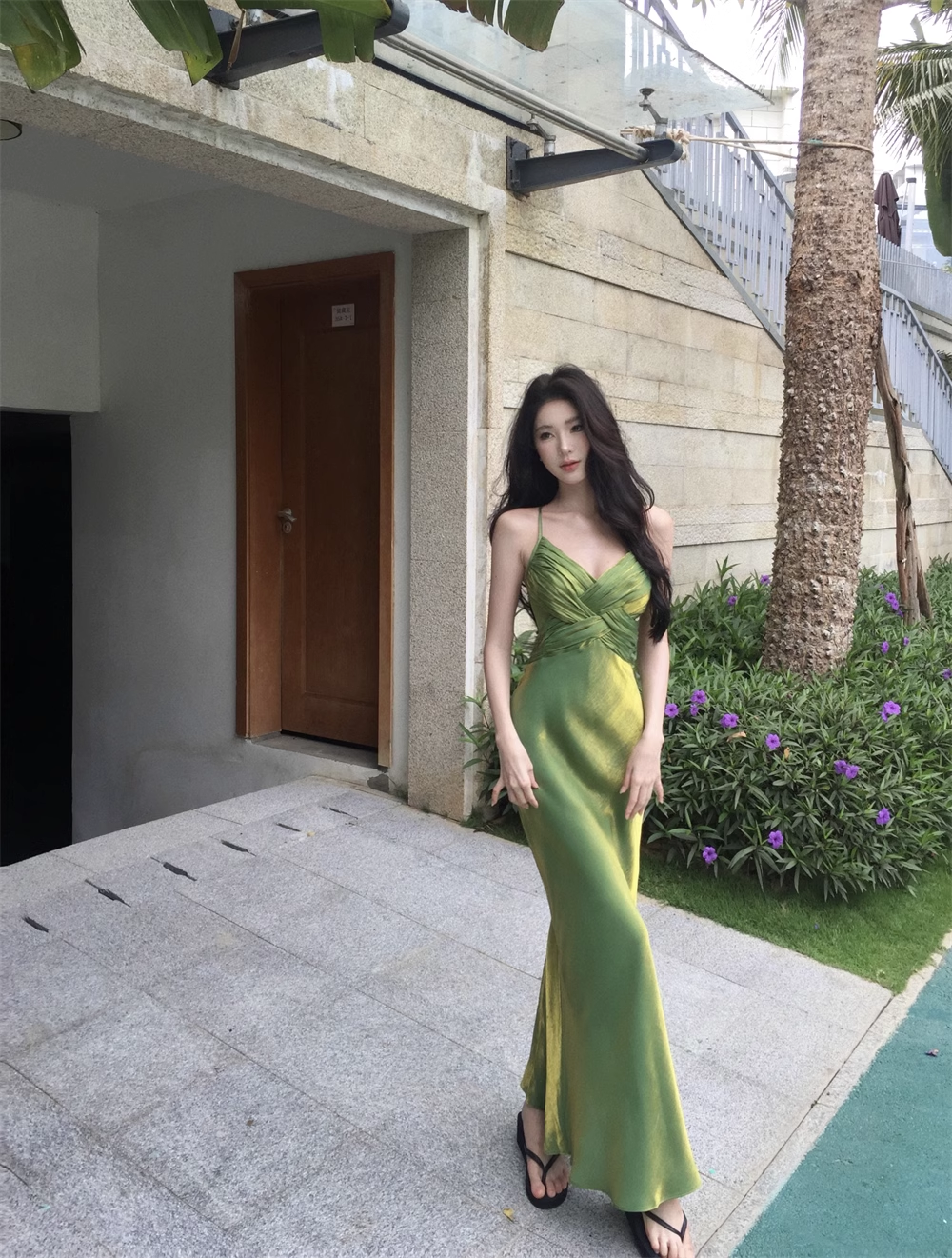 women's summer green suspender dress YM1235