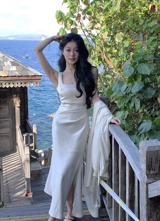 White Suspender Dress Sheath Satin French Long Dress YM2053