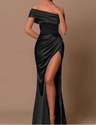 Classy Burgundy Off The Shoulder Birthday Party Dress Satin Slit Long Holiday Dress YM2237