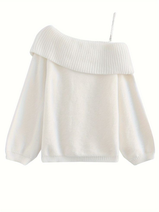 Asymmetric White Shoulder Chain Strap Sweater YM1931