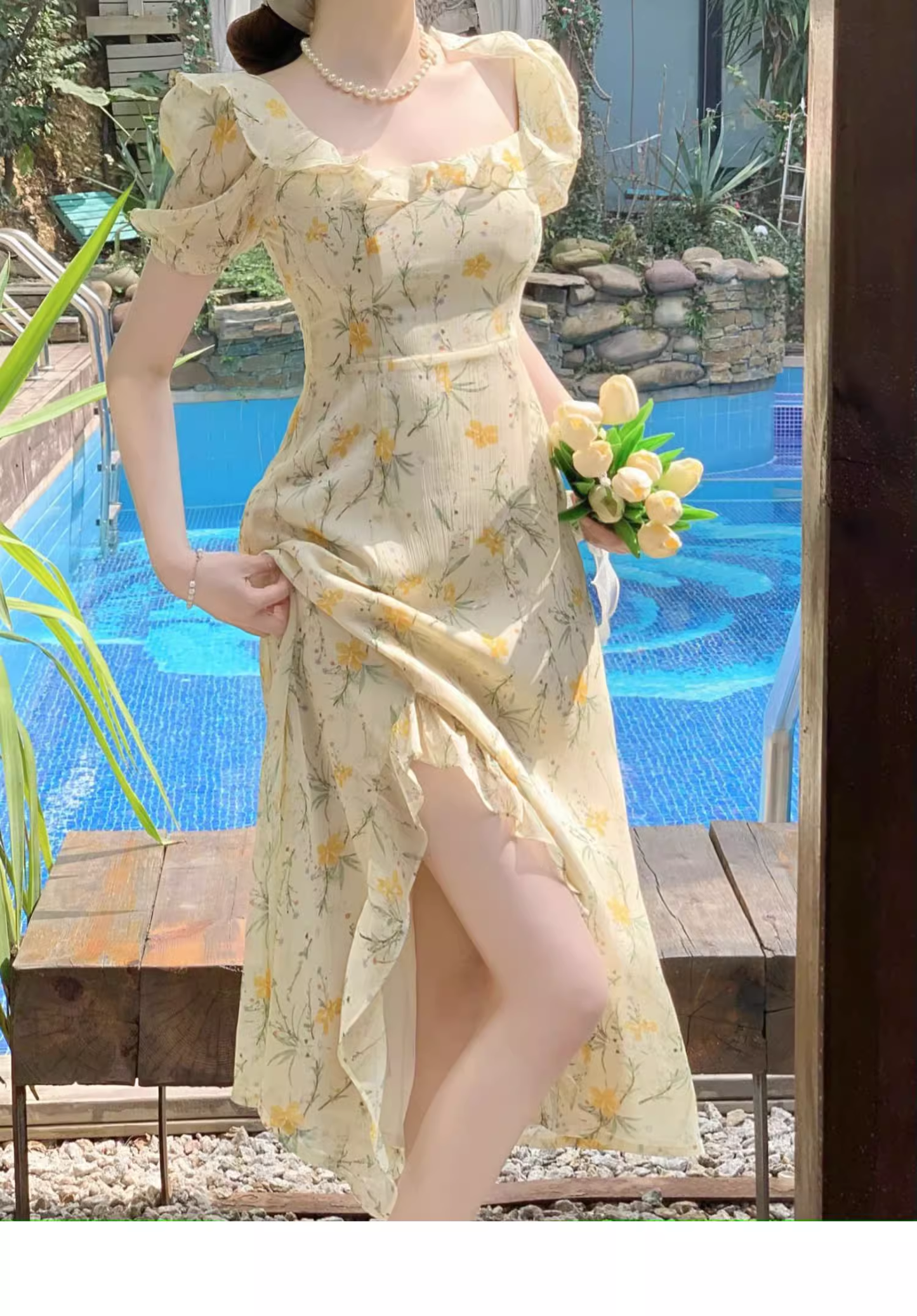 Beach vacation yellow floral puff sleeve dress for women summer YM1132