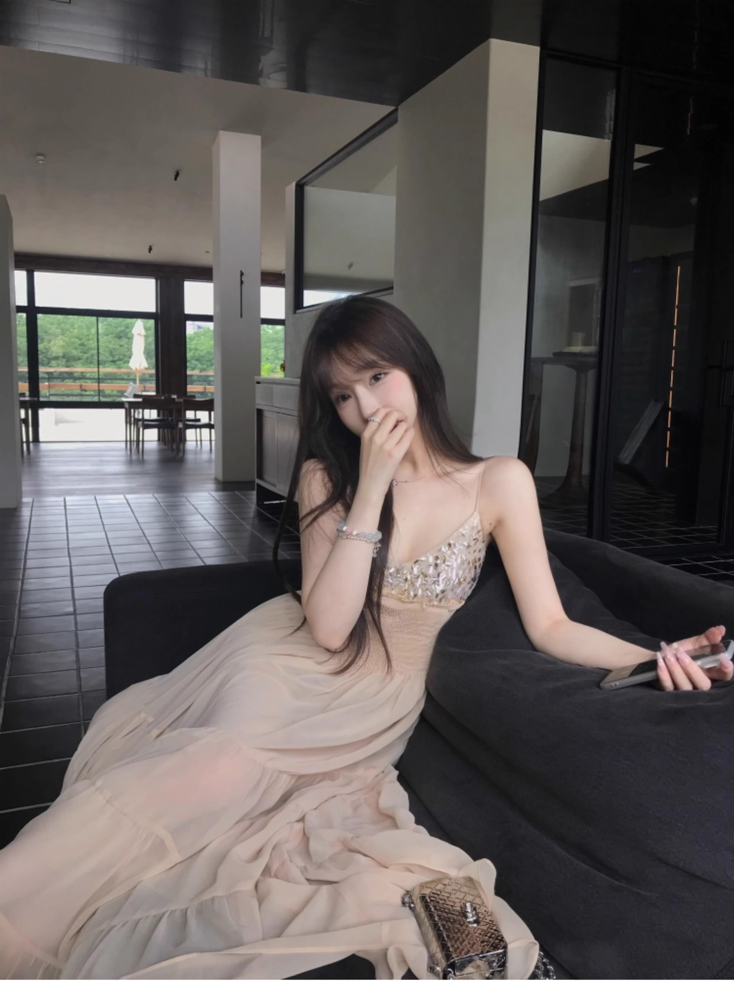 New chiffon sequin suspender dress YM1929
