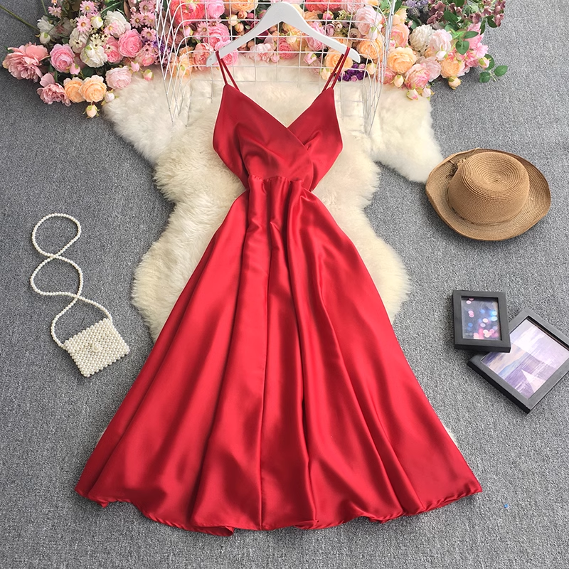 A-line V Neck Pure Color Dress YM528