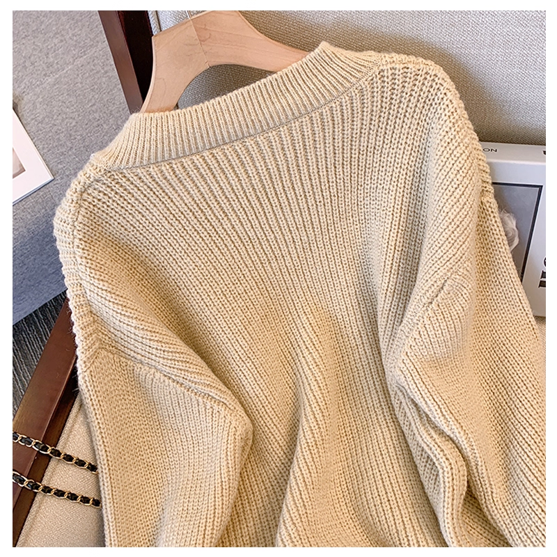 Khaki V-Neck Knitted Sweater Women's Autumn Fashionable Loose Versatile Casual Top YM2294