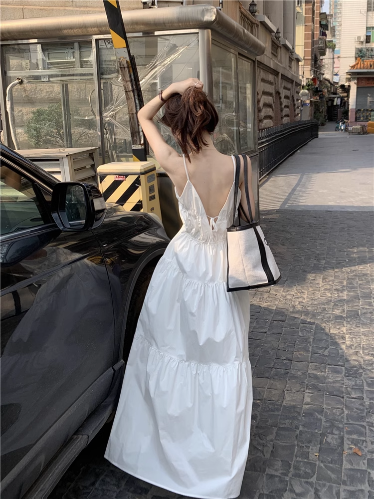 A-line V Neck White Dress YM1167