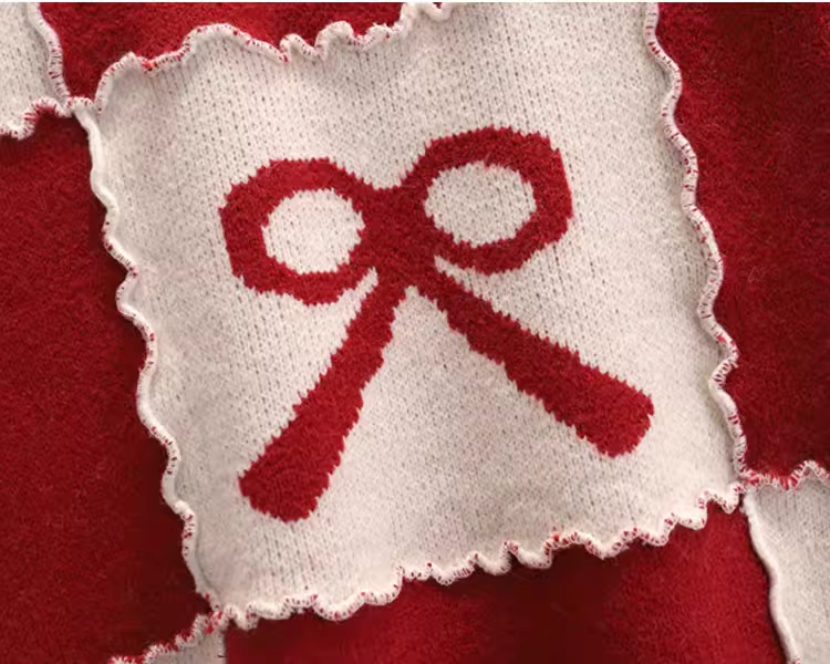 Red Loose Pullover Sweater Coat Lazy Style Bow Knitted Sweater YM2287