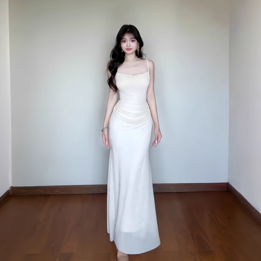 Simple Apricot Spaghetti Straps Long Holiday Dress Seaside Vacation Dress YM2234