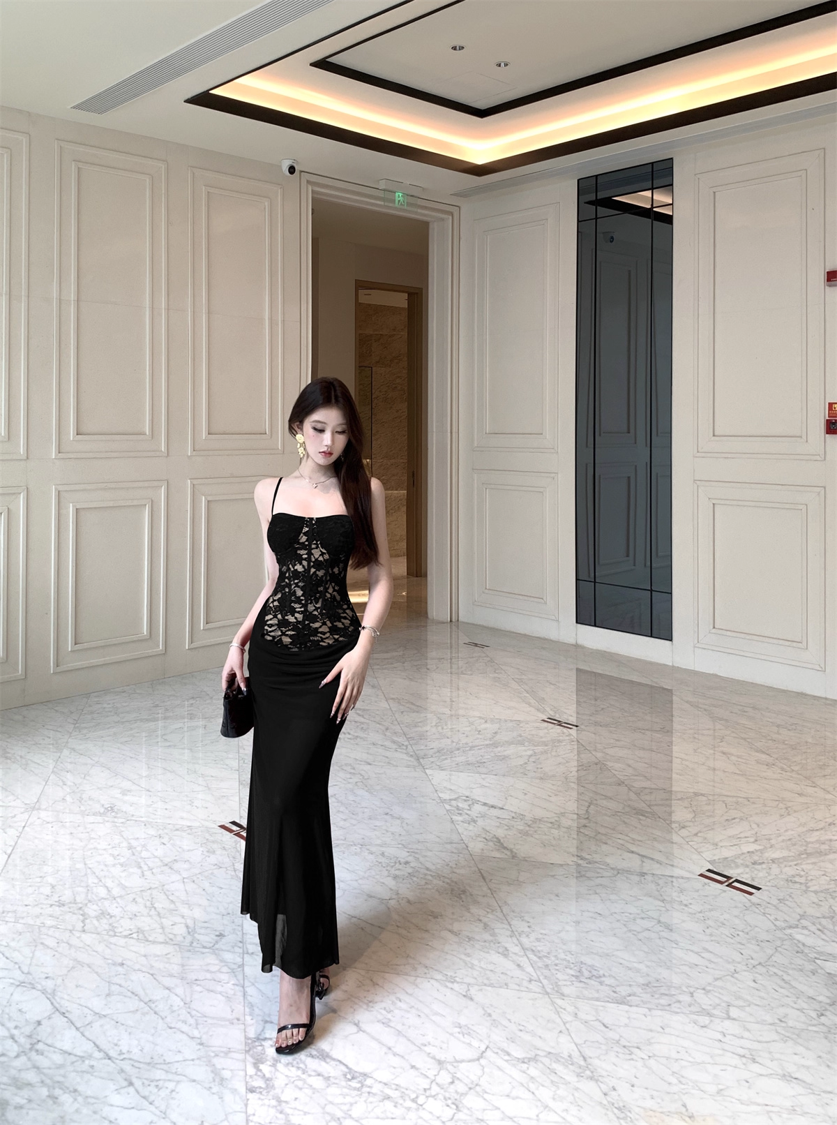 Sexy Black Lace Straps Long Party Dress Birthday Dress YM2172