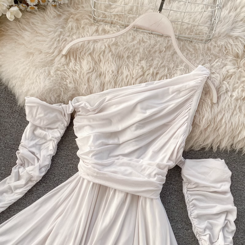 One Shoulder Pleated Long Sleeves Dress ,YM101