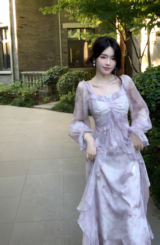 Purple Chiffon Butterfly Gold Foil Ruffle Long Sleeve Party Dress YM2024