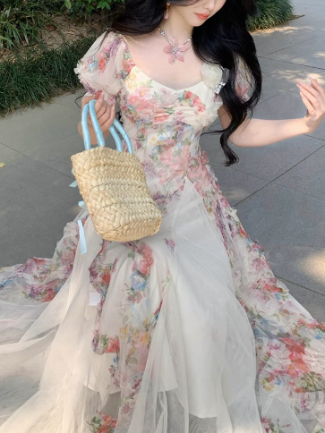 Pink Romantic Retro Heavy-Duty Three-Dimensional Flower Tulle Stitching Holiday Dress Long Birthday Dress YM2361