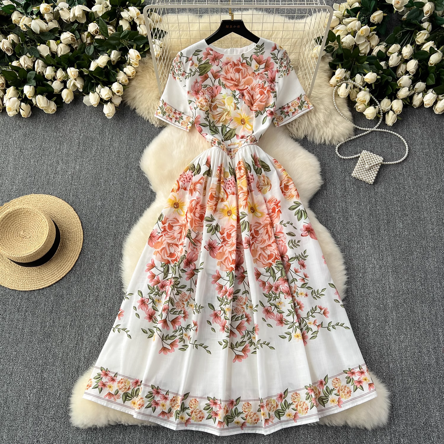 Summer new style French retro palace style printed elegant dress YM1105