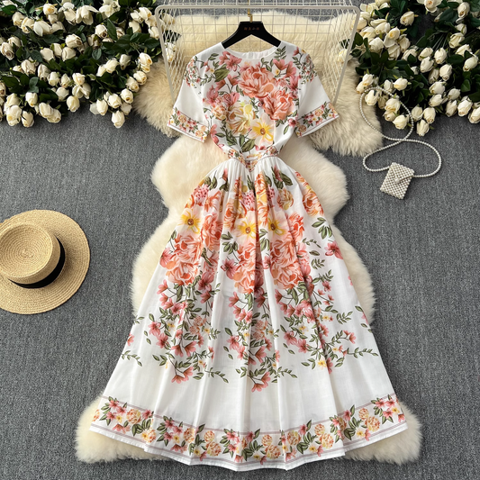 Summer new style French retro palace style printed elegant dress YM1105