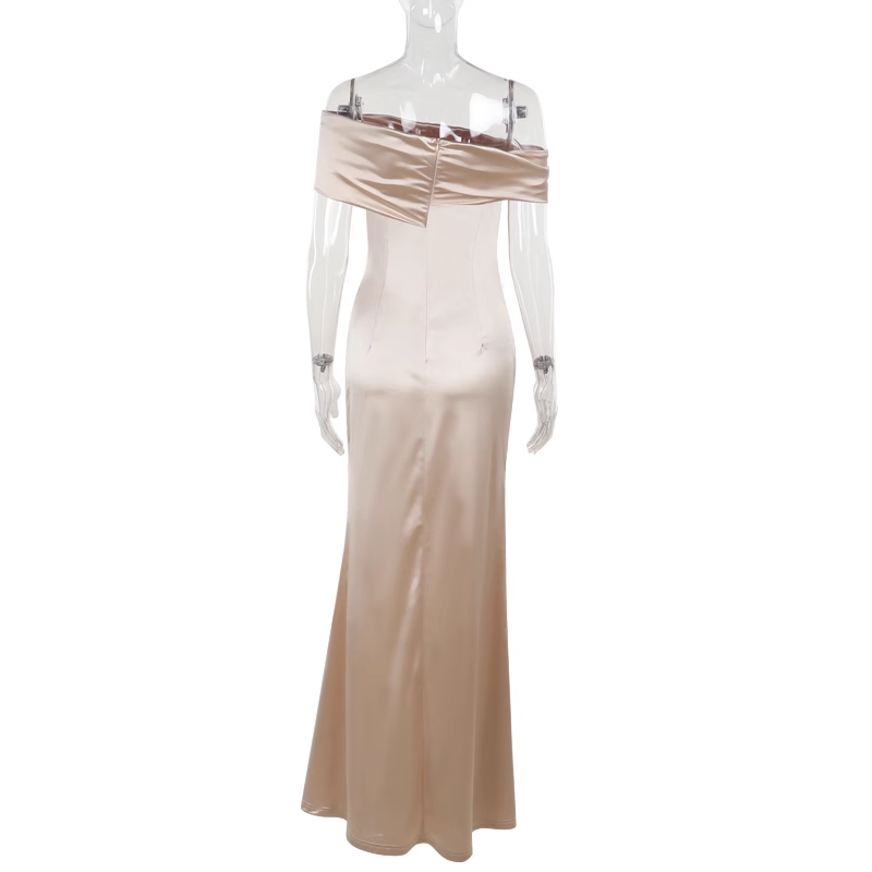 Classy Champagne Off The Shoulder Birthday Party Dress Satin Slit Long Holiday Dress YM2233