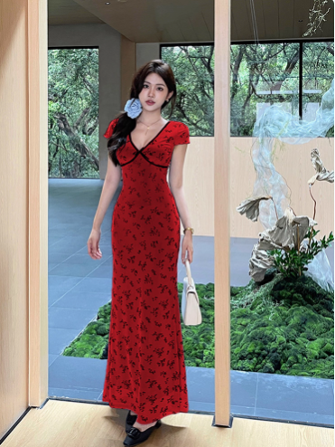 Vintage Red Print Floral Sheath Long Birthday Dress Vacation Dress YM2232