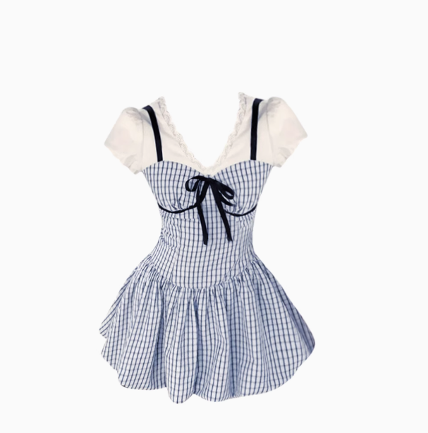 Sweet Blue Bowknot Fake Two-Piece V-Neck Vacation Dress A-Line Short Dress YM2161