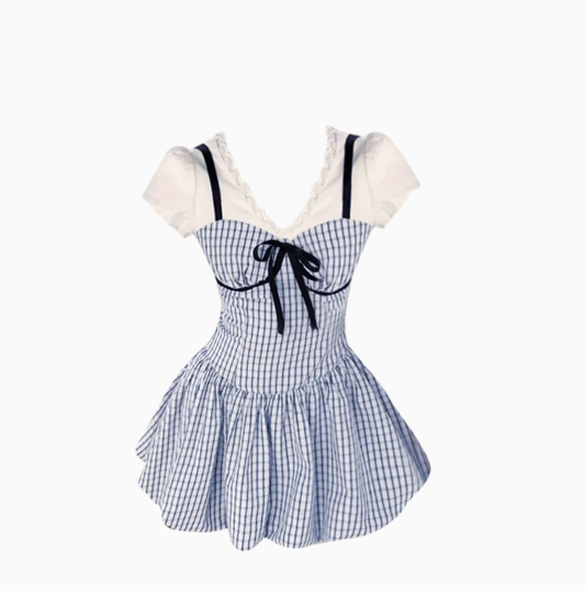 Sweet Blue Bowknot Fake Two-Piece V-Neck Vacation Dress A-Line Short Dress YM2161