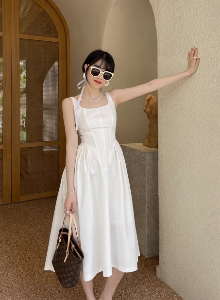 Elegant white spaghetti straps a line long party dress YM1951