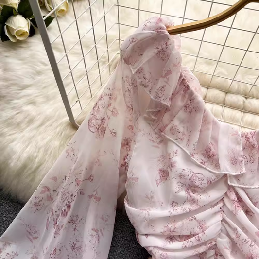 Pink Floral Fairy Dress Summer New Chiffon V-neck Wrap Dress ,YM45